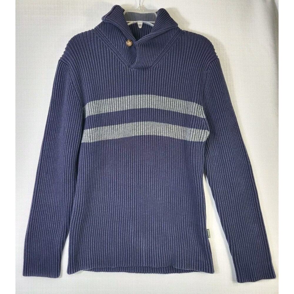 Eddie Bauer Heavyweight Ribbed Sweater Men's Sz L Navy Blue Gray Shawl Collar